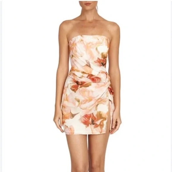 SAU LEE Hester Floral Strapless Minidress in White/Orange - Picture 1 of 12